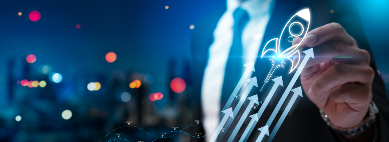 home-footer-overlay A man drawing a rocket against a blue background